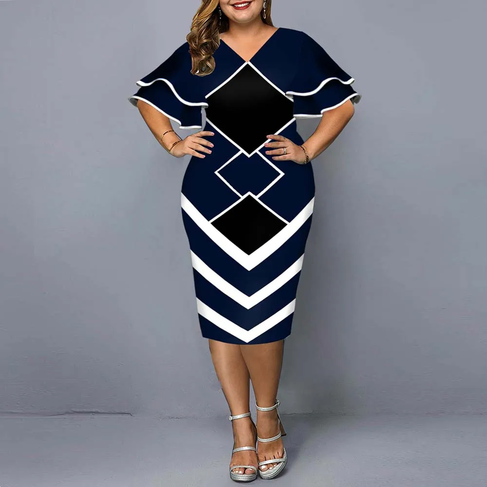 

Summer Vintage Print V-Neck Plus Size Midi Dress Women's Sexy Trumpet Sleeve Party Dresses Elegant Prom Club Outfits Vestidos