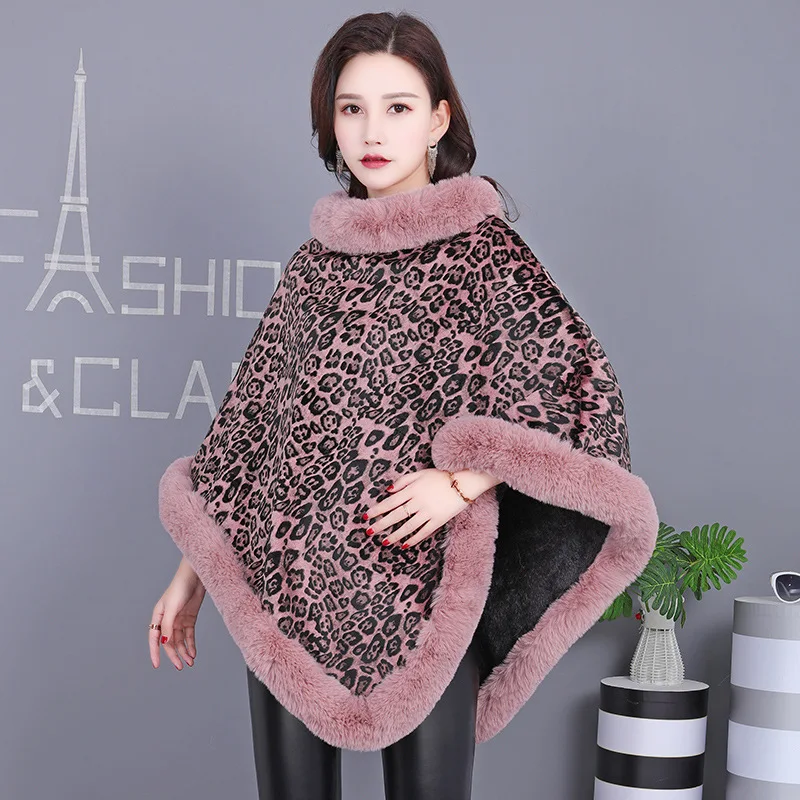 New Winter Leopard Print Faux Seta Rabbit Fur Coat Women Fashion Warm Fur Coats Outerwear Fake Fur Shawl Scarf Women Clothing