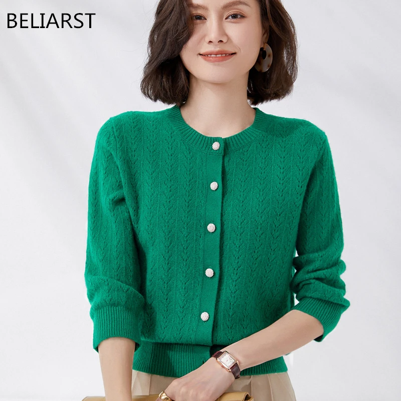

Новинка, кашемировый свитер BELIARST, женский кардиган с круглым вырезом, Повседневные вязаные топы из 100% чистой шерсти, весенне-осенняя куртка