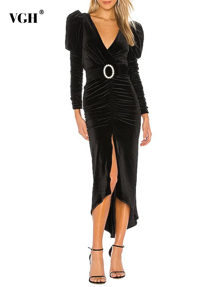 

VGH Sexy Slim Ruched Split Dress For Women V Neck Long Sleeve High Waist Sashes Midi Dresses Female 2022 Autumn Clothing Style