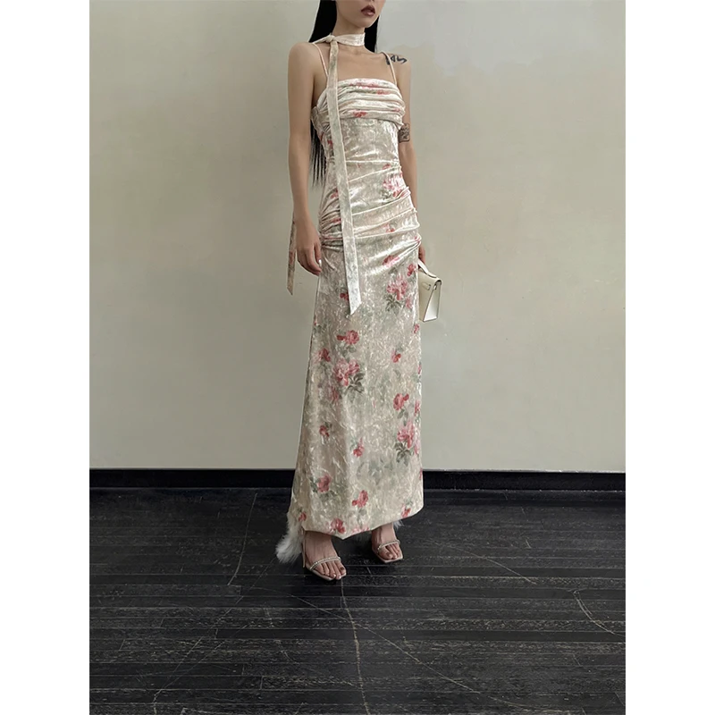 

Dress Women's Rose Print Oil Painting Style Velvet Pleating Bright Silk Ribbon Elegant High Waist Sleeveless Spring and Summer