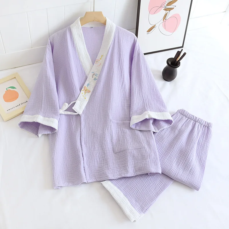 Fdfklak Embroidery V-Neck Japanese Kimono Pajamas Set For Women Cotton Home Sleepwear Autumn Fashion Thin Loose Nightwear