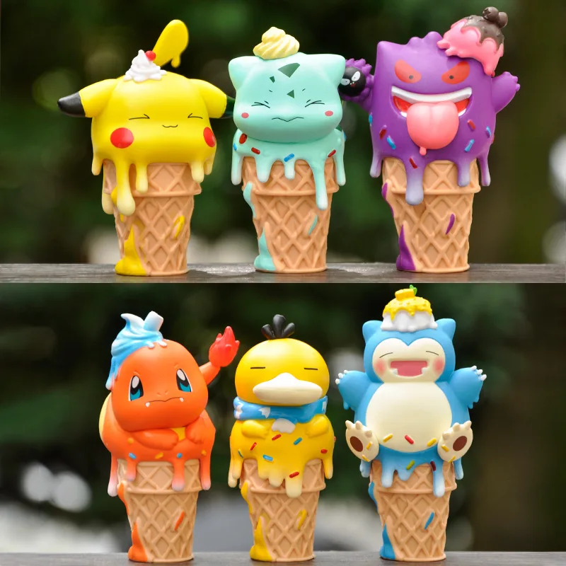 

6Pcs/Set Pokemon Figure Pikachu Ice Cream Cone Series 8-10CM Psyduck Gengar Charmander Kawaii Anime Ornaments Lovely Toy Gift