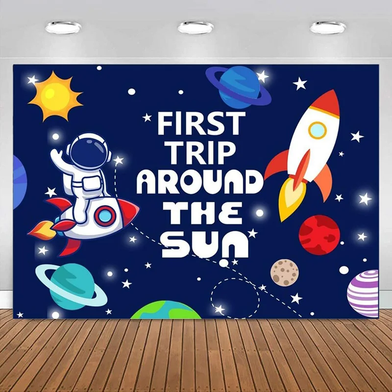 

Space Theme 1st Birthday Party Photo Backdrop First Trip Around The Sun Photography Background for Boys Girls Banner decoration