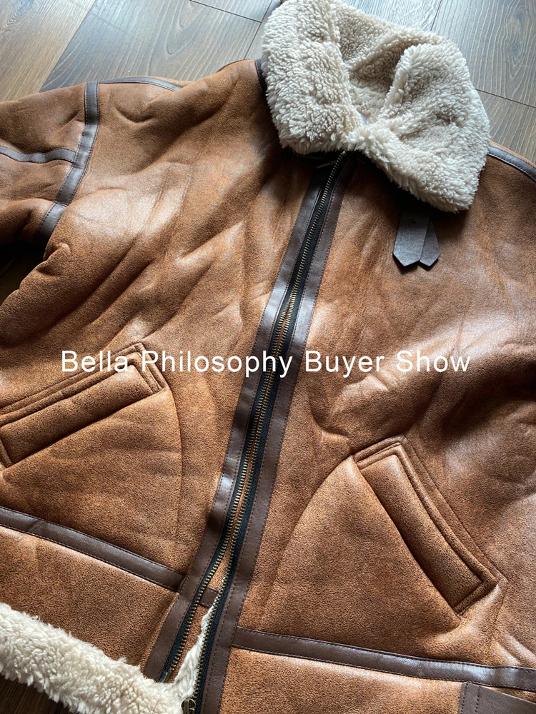 Women Faux Leather Fur Coats Sheep Leather Shearling Thicken Jacket Lady Fashion Long Sleeve Zipped Outerwear Winter Warm Coat