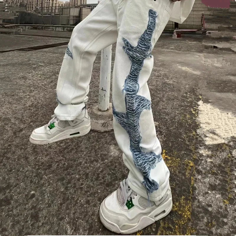 2022 Cool Design Patchwork White Cotton Men Baggy Jeans Pants Y2K Clothes Straight Hip Hop Punk Loose Denim Trousers Ropa Hombre
