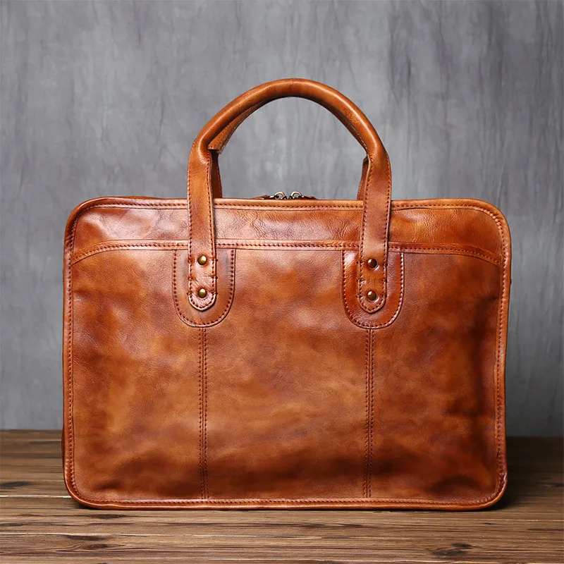 Retro business genuine leather men's high-capacity briefcase work multi-compartment handbag real cowhide shoulder messenger bag