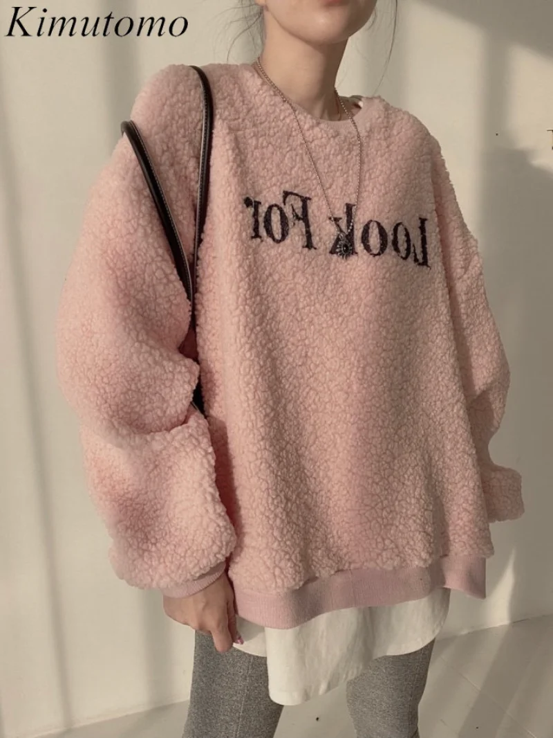 

Kimutomo милый свободный Женский Мягкий Универсальный пуловер с длинными рукавами и круглым вырезом с принтом алфавита из овечьей шкуры