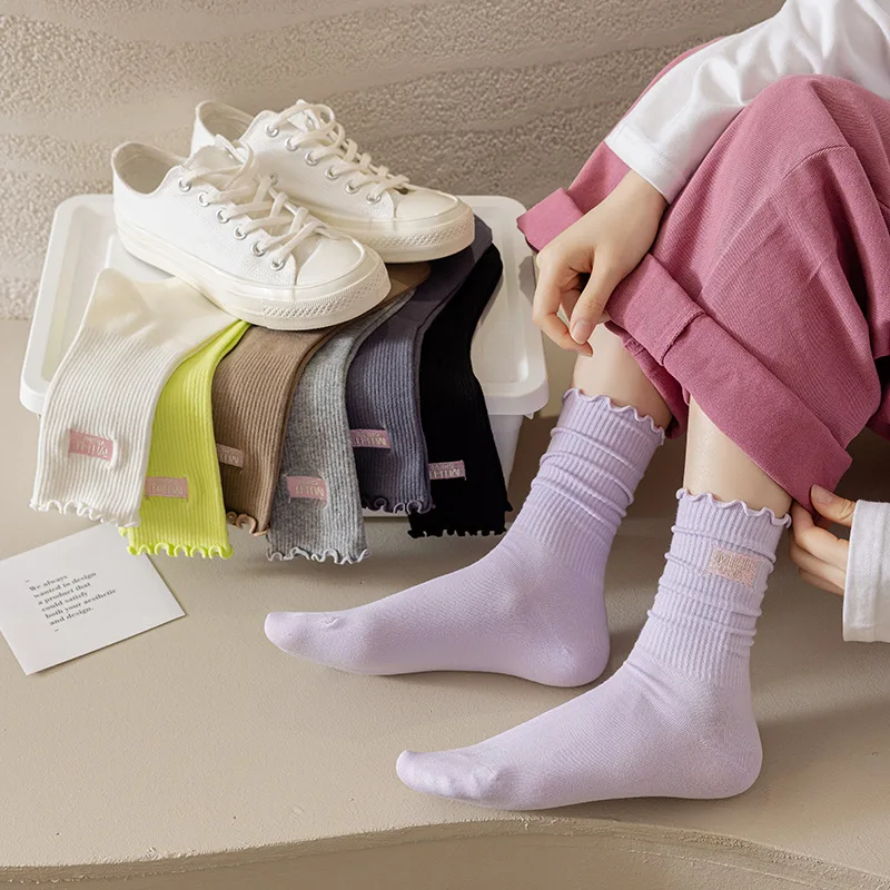 White Socks Women Kawaii Cute Frilly Ruffle Socks Cotton Japanese Fashion Purple Woman Crew Socks Female calcetines de la mujer