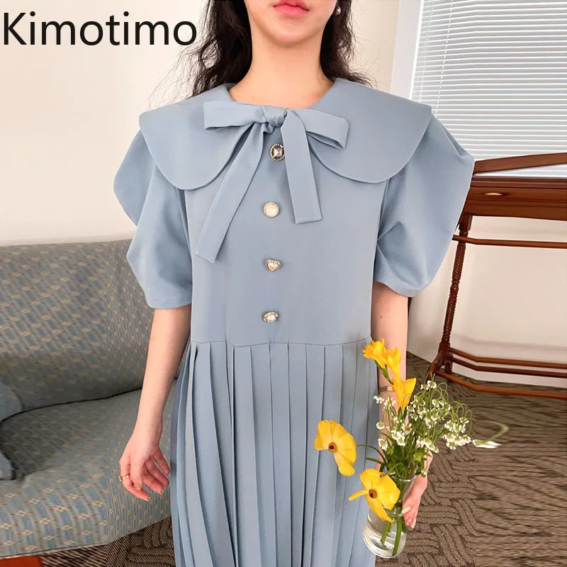 

Платье Kimotimo женское Плиссированное с бантом, весеннее Длинное свободное платье с воротником-куклой, жемчужными пуговицами, милая одежда в К...