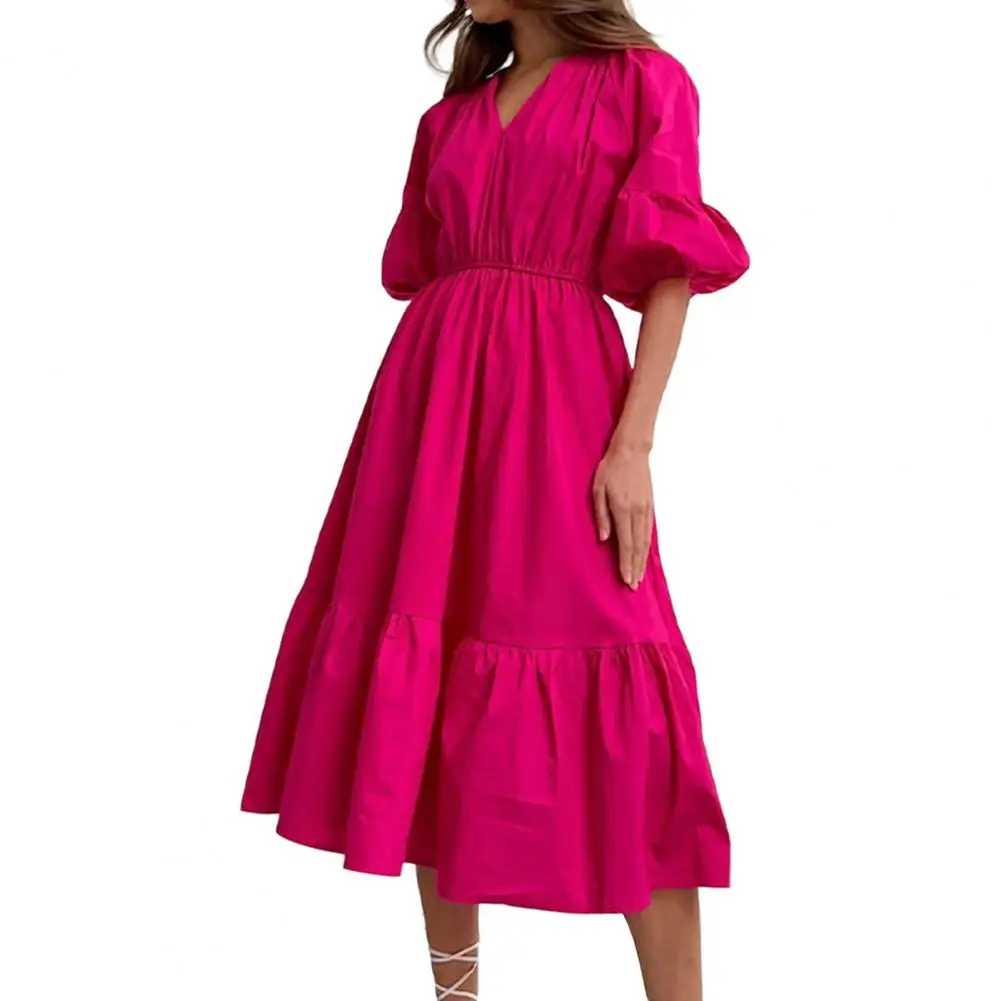 

Dress Summer Waist Tight High-Waist A-Line Ruffle Stitching Hem Women Dress Summer Puff Half Sleeve V-Neck Long Dress Streetwear