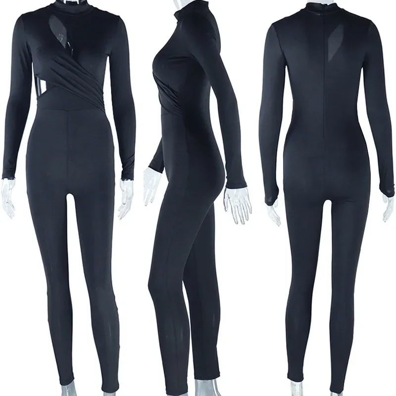 Однотонный эластичный облегающий комбинезон женский элегантный с длинными