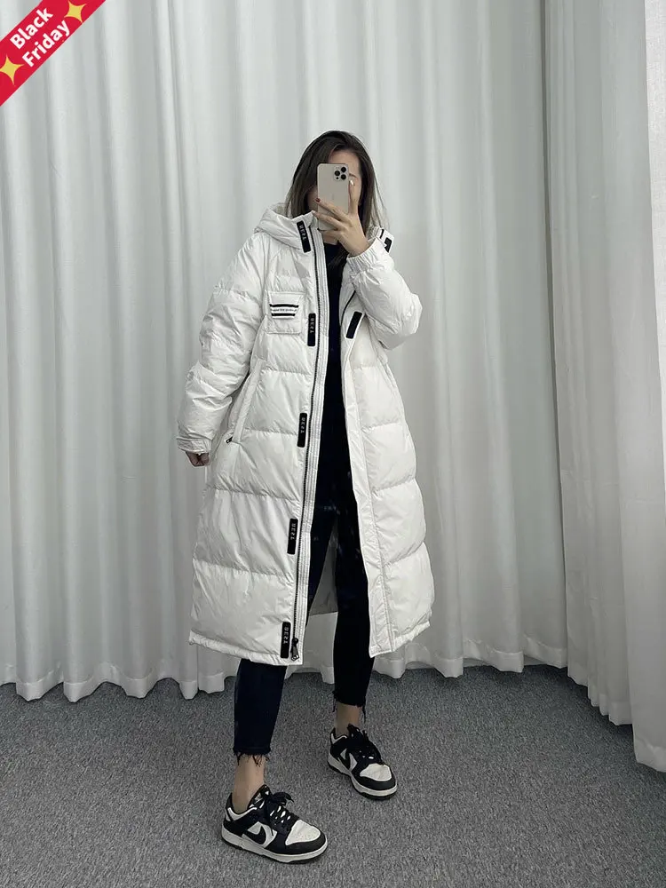 

Зимнее модное шикарное зимнее пуховое пальто 2023, женская теплая куртка средней длины с поясом на талии, голубого/черного цвета