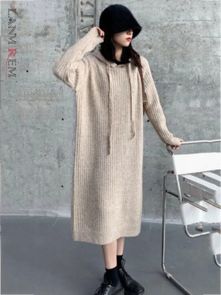 

LANMREM Hooded Knitted Dress Women's Korean Style Loose Mid-length Thickened Warm Clothing 2022 New Autumn And Winter 2R3795
