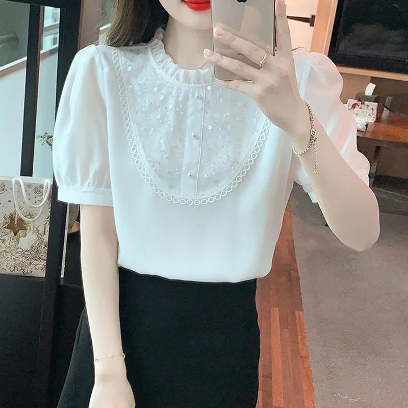 Женская шифоновая блузка с коротким рукавом и оборками модель J758 на лето