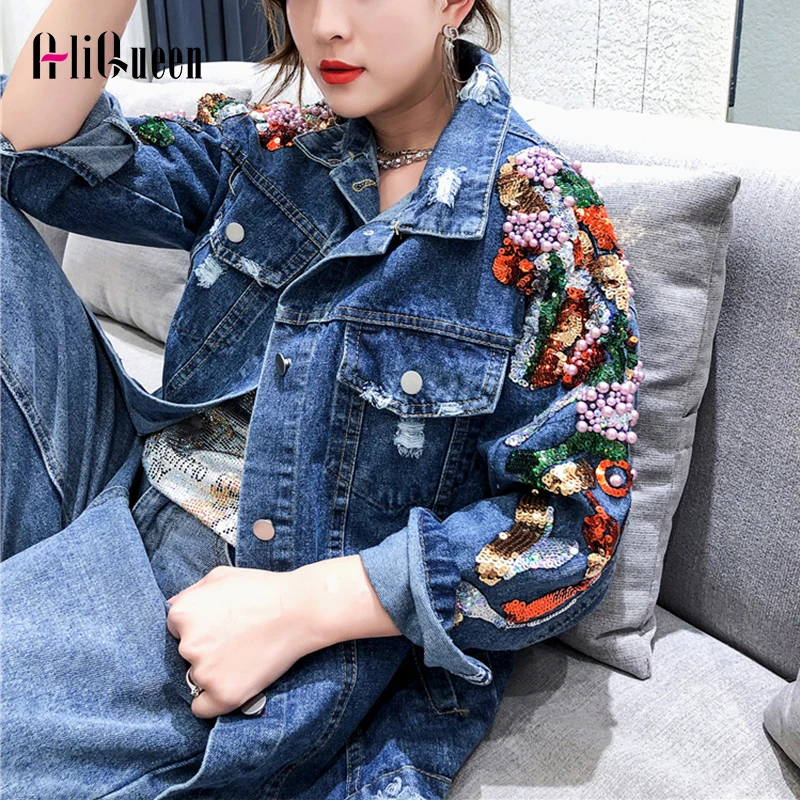 

2023 Women Glitter Sequin Denim Jacket Womens Jackets and Coats Streetwear Holes Beading Jeans Jacket Outerwear Chaqueta Mujer