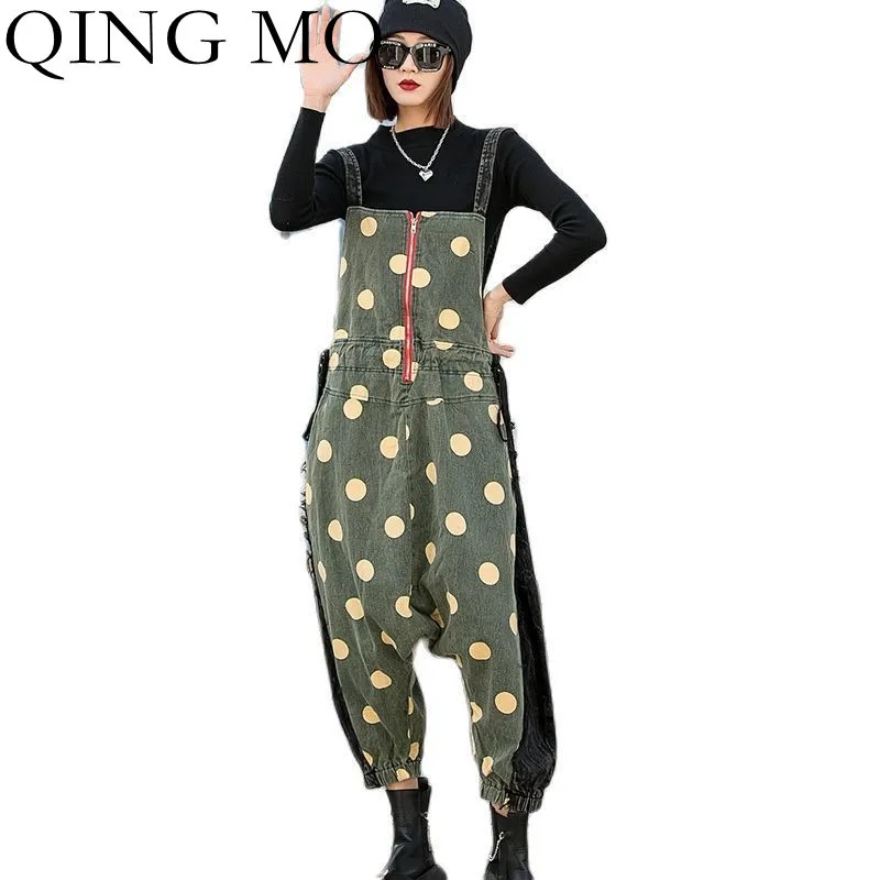 

Женский комбинезон на подтяжках QING MO, комбинезон из потертого денима контрастных цветов, свободные шаровары больших размеров, весна 2022