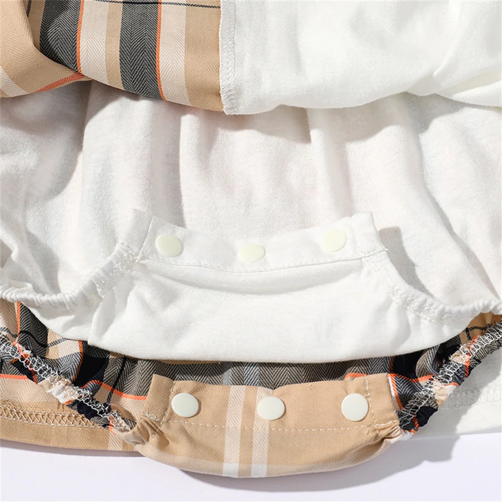 Newborn Baby Boy Girls Plaid Romper Dress Cotton Short Sleeve Outfit Infant Kid Spring & Autumn Onesie Jumpsuit Children Clothes images - 6