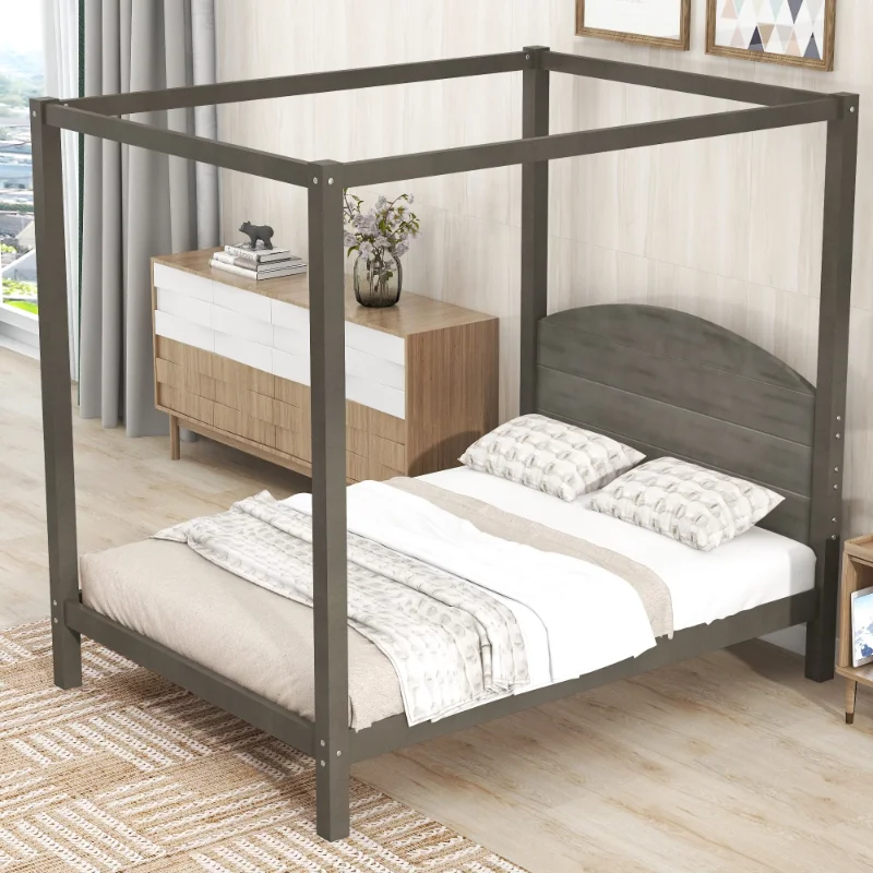 EUROCO Wood Full Size Canopy Platform Bed with Headboard for