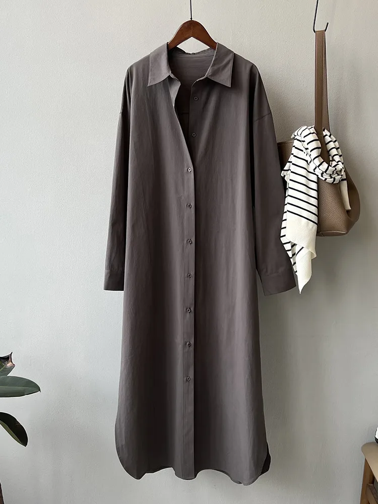 [HAIBE] Хорошее качество темпераментное длинное платье-рубашка с разрезом женское
