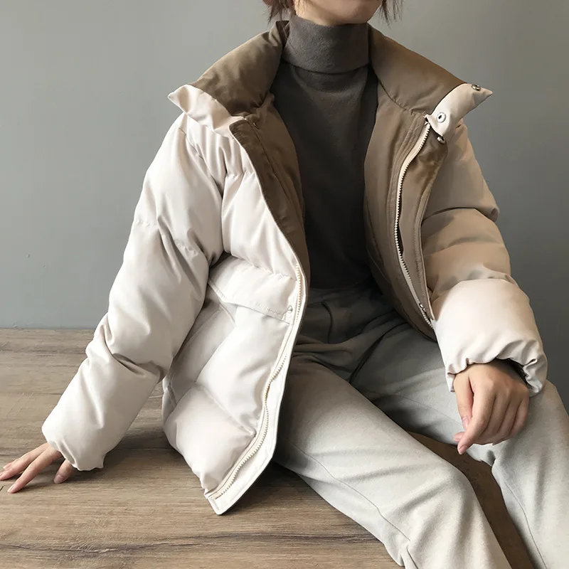 Stand Collar Zipper Straight Solid Color Padded Coat Warm Thicken Women's Parka Black Women Streetwear Women's Winter Jackets