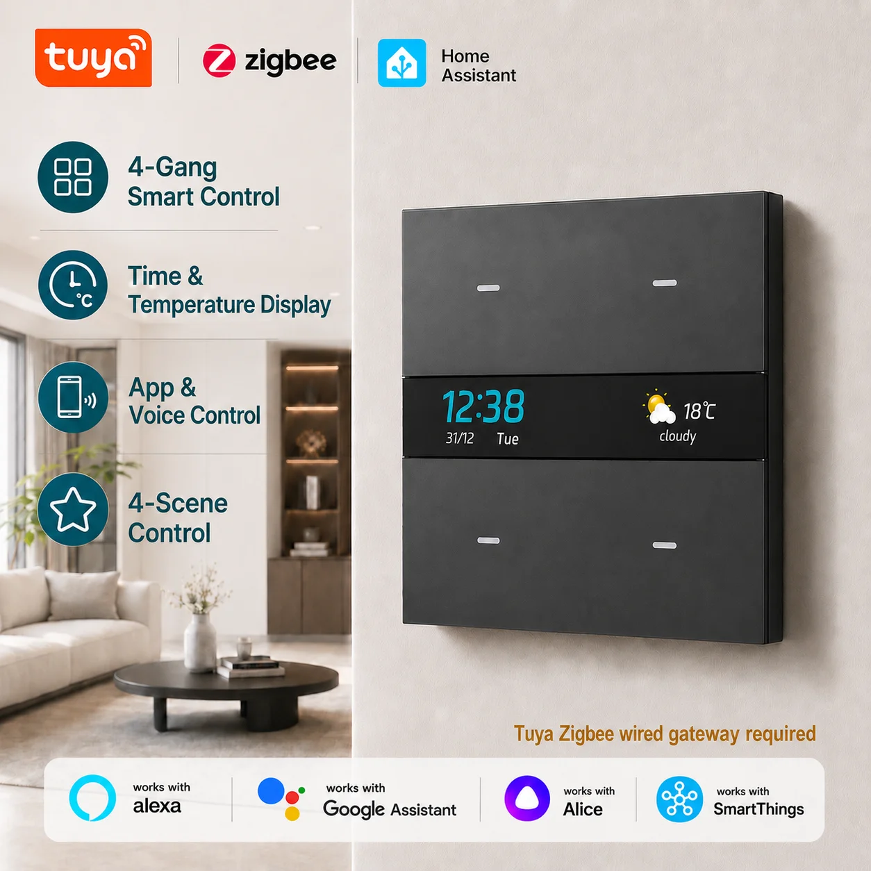 Фото Умный выключатель M8 Pro Tuya Zigbee 4 клавиши для электрического света, экран времени и температуры, удалённое управление Smart Life App и голосом, Home Assistant, дом, отель, вилла №2