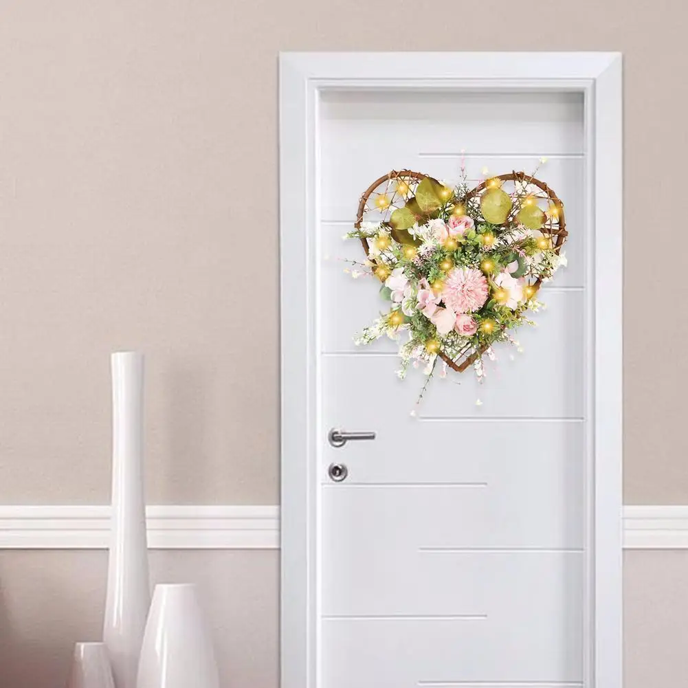 

Искусственный венок розы, Цветочная Гирлянда со светодиодной подсветкой для входной двери, весенне-летнее подвесное украшение для дома, ве...