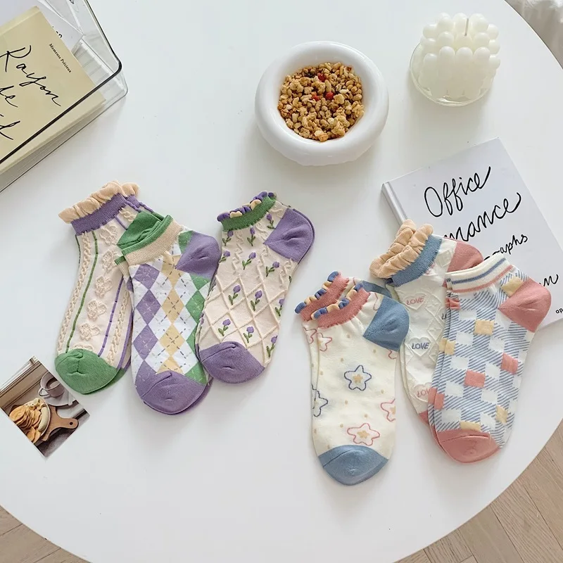 

Women Socks 2022 Casual Fashion Spring Summer New Cotton Breathable Japanese Style Plaid Waveselvedge Flower Cute Ankle Socks