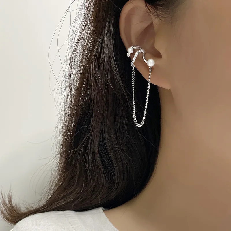 

Korean Fashion Retro Flash Diamond Pearl Ear Clip Personality Chain Irregular Long Tassel Earrings for Women Gift Luxury Jewerly