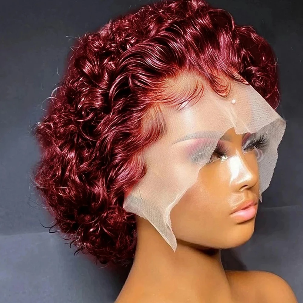 

Pixie Cut Wig Short Bob Curly Human Hair Glueless Wig 13X1 Transparent Lace Front Wigs For Women 99J/Burgundy/Blonde Wigs Cheap