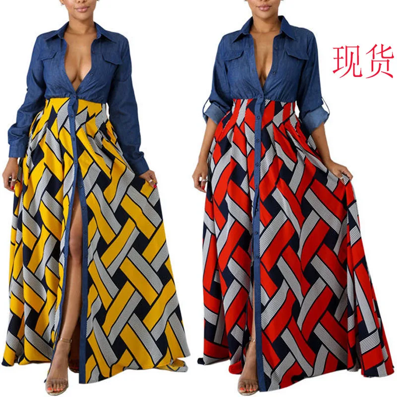 

2023 New Women's Dress Denim Woven Stripe Printed Long Dress