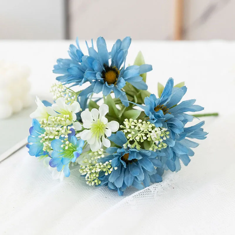 17 головок небольших синих маргариток, искусственные цветы, свадебный букет, корейский цветок ромашки, домашнее украшение для сада