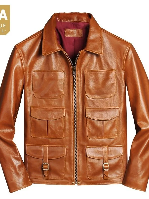 

Leather Biker Jacket Mens Genuine 2023 Autumn New Turn-Down Collar Zippers Pockets Slim Solid Japanese Style Fashion Short Coat