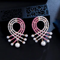creative geometric red cubic zirconia pave long big dangle pearl drop earrings for women luxury pageant jewelry