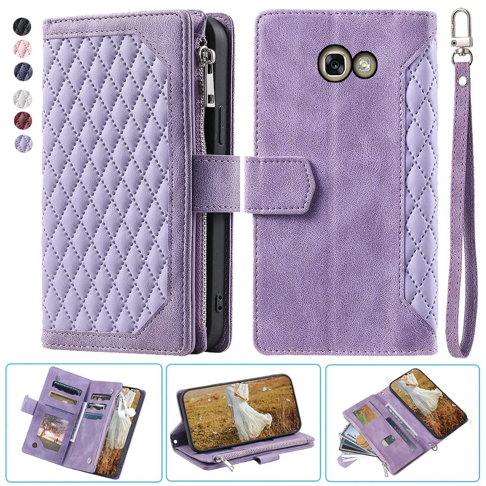 

For Samsung A5 2017 Fashion Small Fragrance Zipper Wallet Leather Case Flip Cover Multi Card Slots Cover Folio with Wrist Strap