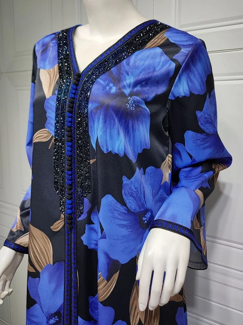Jalabiya Muslim Dress Women Embroidery V Neck Full Sleeve Robes Spring Autumn Floral Print Islam Abayas Muslim Party Long Dress