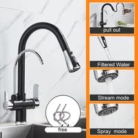 360 rotate water filter tap 3 ways dual handle dual hole black purify kitchen faucet