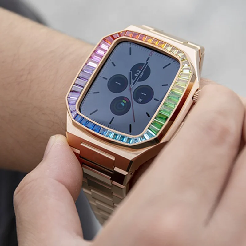 Diamond Modification Kit for Apple Watch 7 45mm Stainless Steel Case for Series Iwatch 6 5 4 SE 44MM Leather Band Luxury Frame