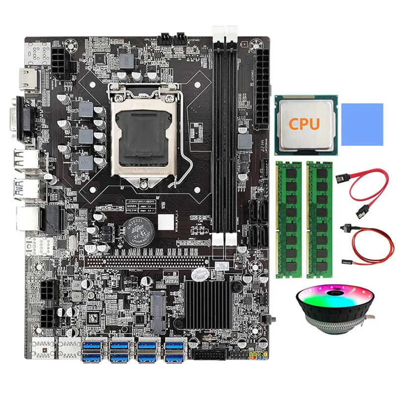 ETH-B75 Mining Motherboard 8GPU USB3.0 To PCIE Random CPU+2XDDR3 4GB 1600Mhz RAM+Cooling Fan LGA1155 Video Card Miner