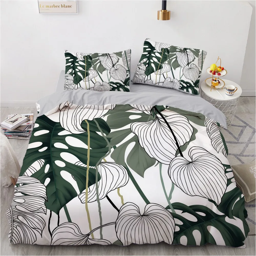 

Simple Tropical Leaves Linens Bed White/Green Duvet Cover Bed Full Queen Double 220x240cm Bedding Set King Size Home Textile