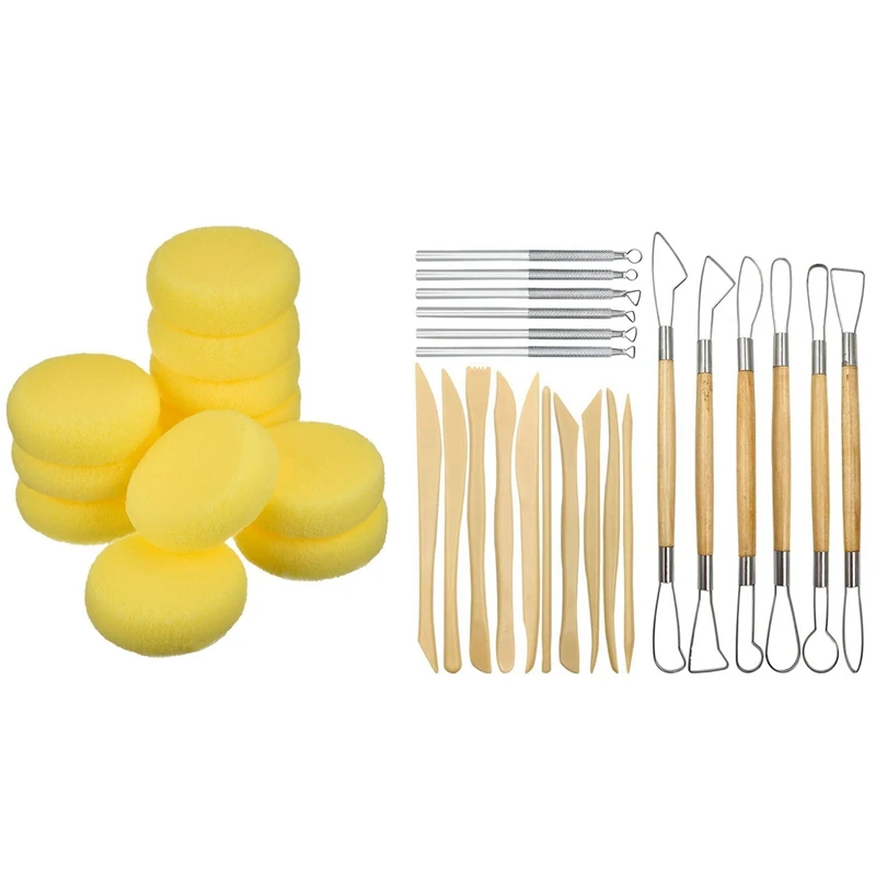 

12 Pcs Painting Sponge Brush Synthetic Artist Sponges Brush & 1 Set Wooden Handle Pottery Carving Tools