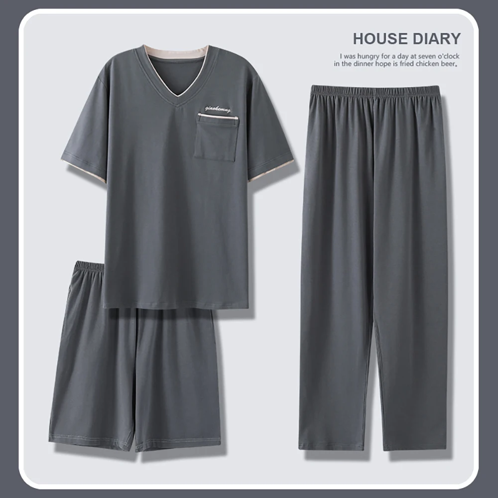 3pcs 4XL Big Size Pajamas For Men Simple Casual Short Sleeve Sleepwear Top + Elastic Shorts+ Men Pajama Pants Soft Modal Pijama