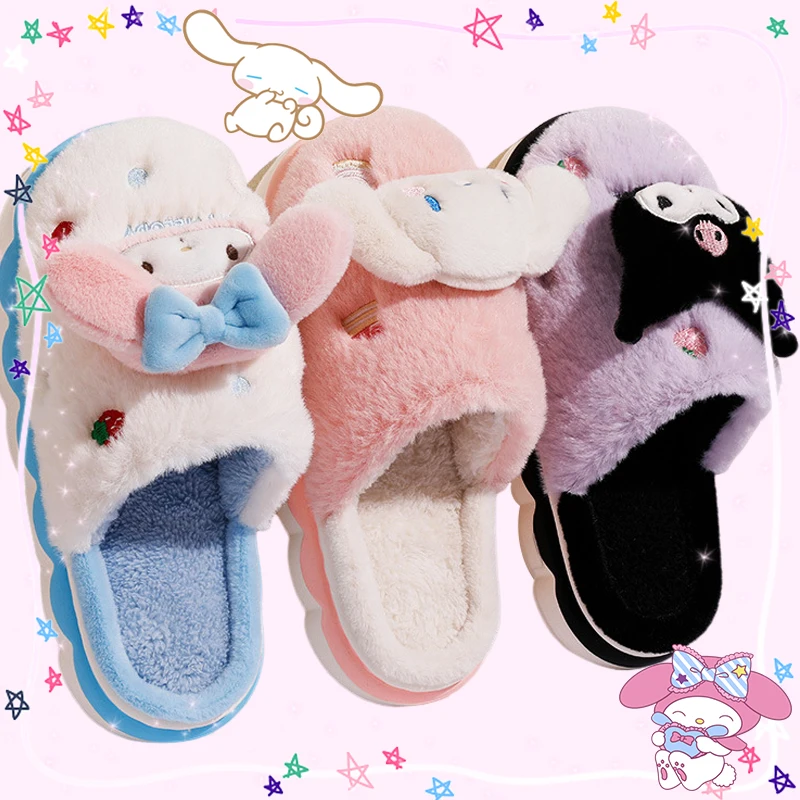 

Sanrioed Plush Slippers Kawaii Soft Home Non-Slip Villous Sandals Cartoon Shoes Anime Cinnamoroll Melody Kuromi Cute Girls Gift