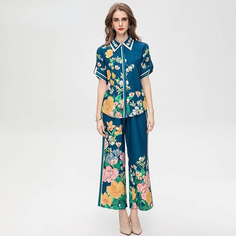 

2023 Runway Luxury Designer High Quality Summer Women's Turn-Down Collar Short Sleeve Flower Printing Single Breasted Two Pieces