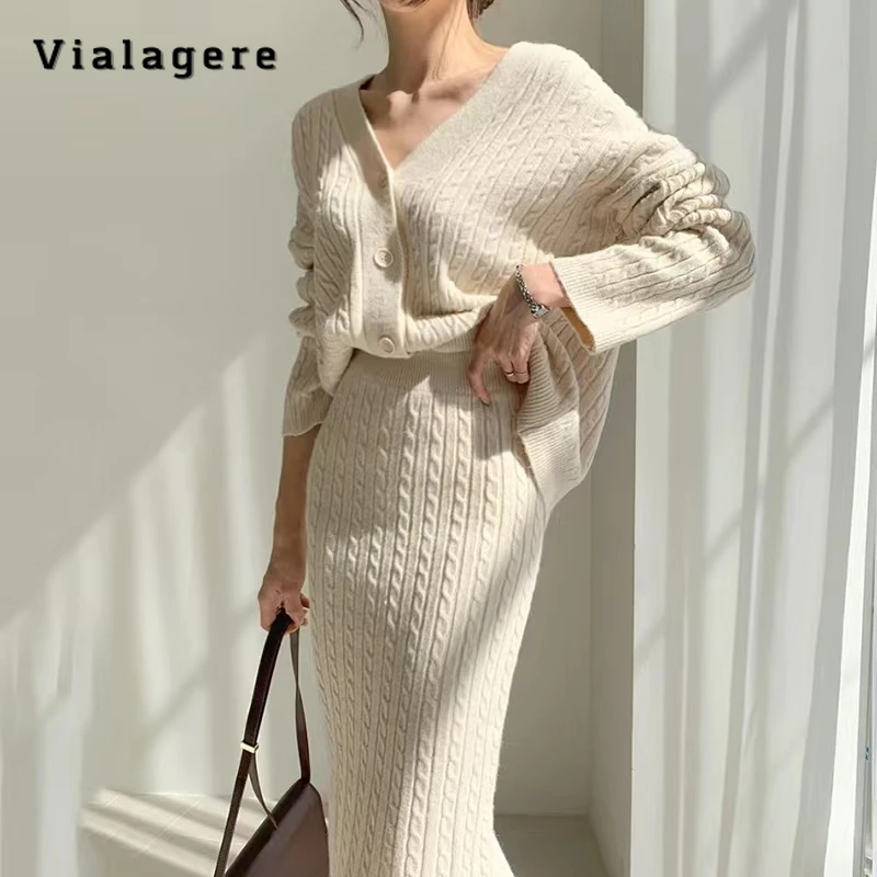 

2023 Autumn Winter Elegant Solid Color 2 Piece Set Women Long Short V-neck Cardigan + A-line Skirt Luxury Two Piece Skirt Set