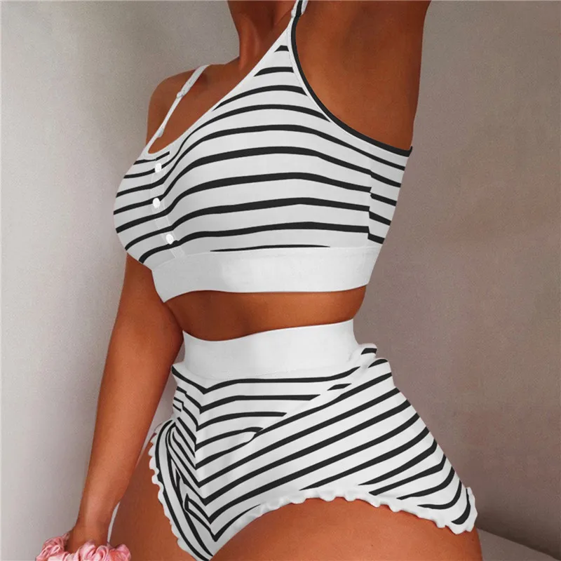 

Women's 2 Piece Striped Ruffle Hem Cammy Pajama Set 2022 Women's Cute Cropped Top Shorts Set Women's Pajamas Y2k