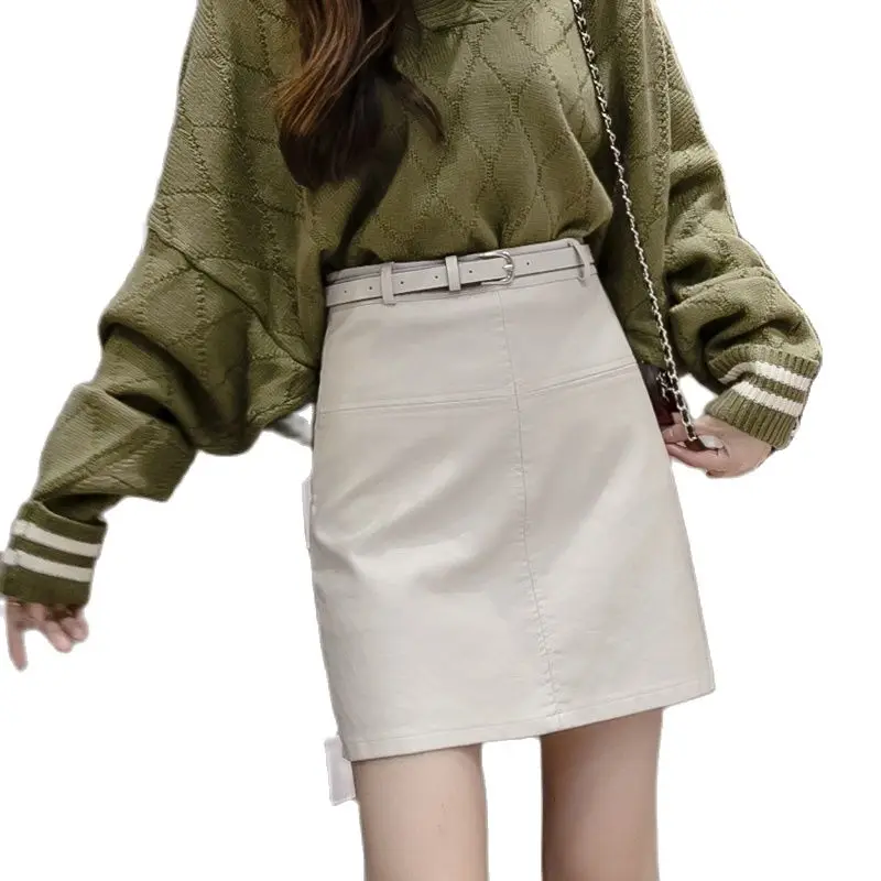 

Wisher&Tong 2022 Autumn Winter Pu Leather Skirt Women High Waist Solid Color With Belt Package Hig Office Lady Mini Skirts Femme