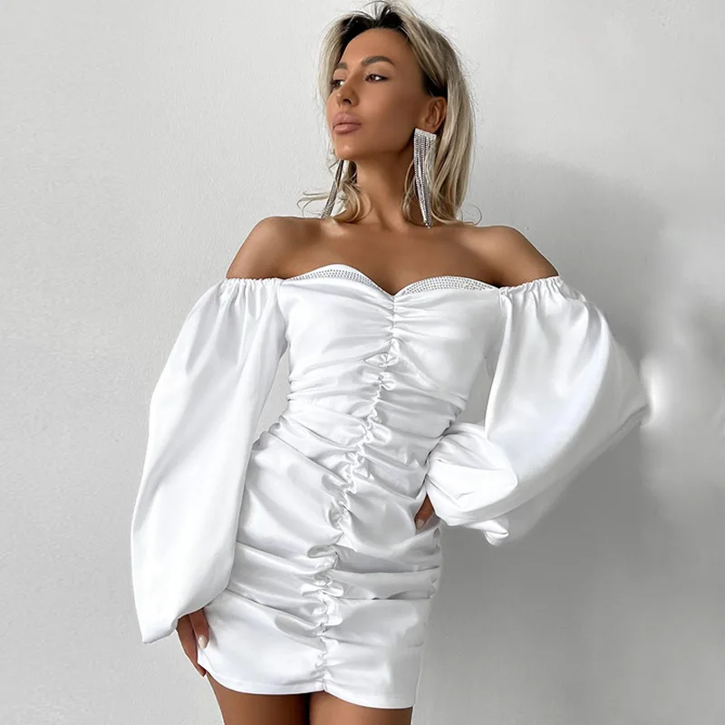 

Spring Autumn Off Shoulder Long Sleeve Backless Dress New Fashion Pleated Bag Hip Women Mini Bodycon Dresses