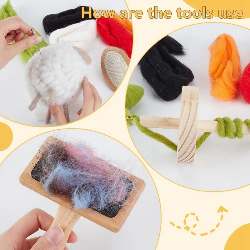 4Pcs Wooden Wool Carder Slicker Brush Wood Spinning-Tool Felting Tool Kit With 12Pcs Craft Needle For Yarn Blending