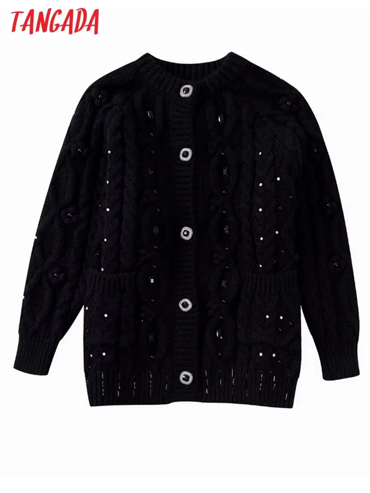 

Tangada Women Fashion Jewel Button Thick Oversized Knit Cardigan Sweater Vintage O Neck Long Sleeve Female Pullovers BE636